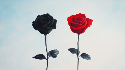 Obraz premium Two distinct roses stand against a calm, light sky. One rose is deep black while the other is vibrant red, representing love and loss in a tranquil setting