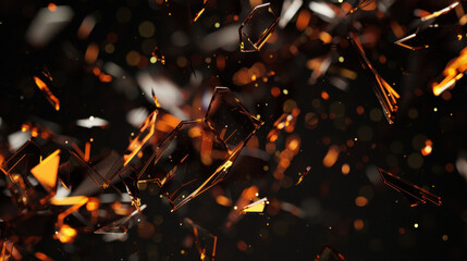 shattering glass fragments on black background