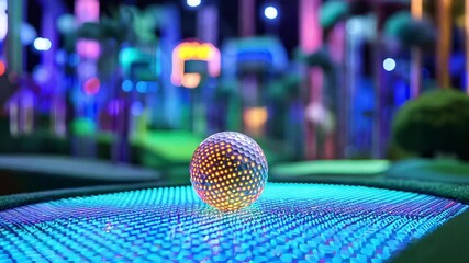 A lively mini golf setting filled with colorful lights and a glowing ambiance, perfect for an evening of fun and relaxation