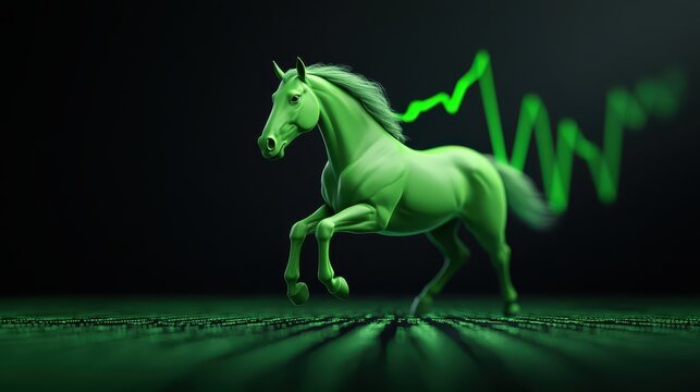 A vivid green horse runs energetically against a backdrop of an upward-trending stock market graph, representing financial success and growth. The setting exudes a dynamic and lively atmosphere