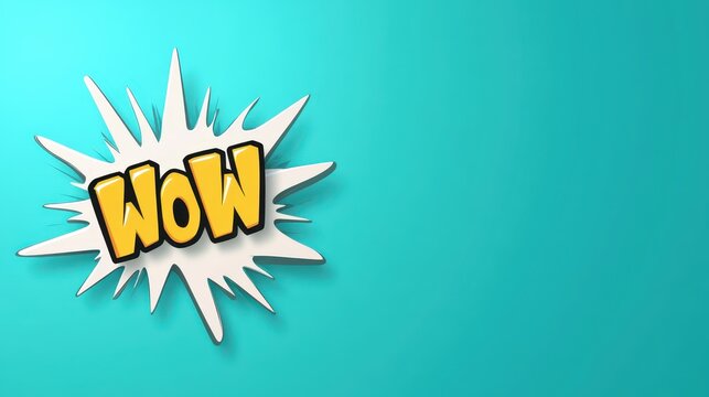 A vibrant graphic featuring the word wow in bold yellow letters, surrounded by a white comic-style burst. The background is a bright turquoise color, creating a lively effect