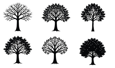 set of trees silhouettes white background