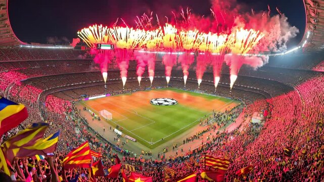 Crowd cheers loudly in a packed soccer stadium with colorful flags waving as fireworks light up the night sky in a thrilling sports event