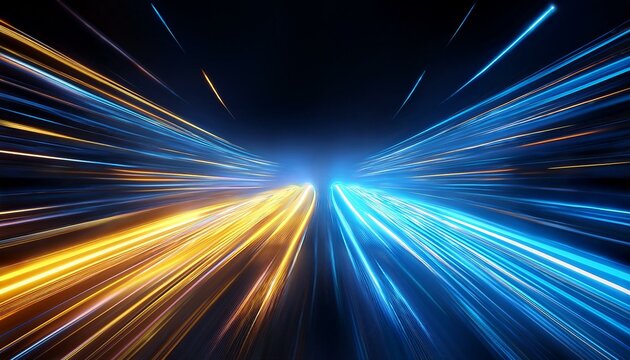 blue and yellow neon lights in fast motion creating an abstract futuristic effect that symbolizes speed energy innovation and dynamic transformation
