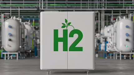 Green hydrogen energy storage in a factory setting. Equipment for hydrogen production, showing storage unit with H2 symbol and plant illustration, energy concept.