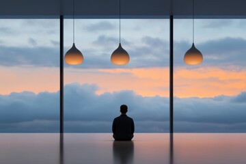 Person Meditating in Room with Sunset View