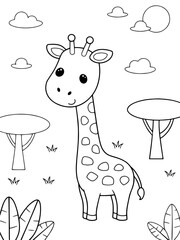 Cartoon Giraffe Standing in the Savanna with Trees, Sun. Children's Coloring Page, Wildlife Learning, Storybook Illustration,Creative Expression, Nature Scene, Preschool Education, Animal Adventure.