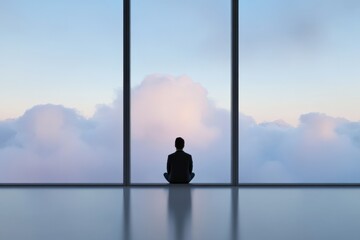 man sitting in front of large window looking at clouds