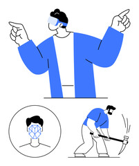 Man immersed in VR headset pointing outward, a geometric facial recognition grid, and a laborer swinging a hammer. Ideal for technology, identity, innovation, work, ARVR, automation abstract line