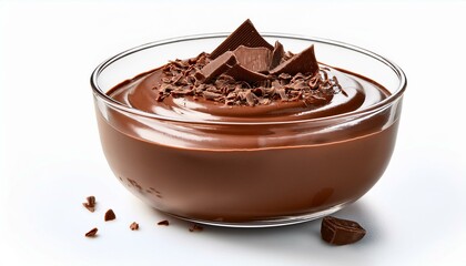 delicious creamy chocolate mousse topped with dark chocolate shavings in a glass bowl isolated on white background background