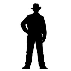 Silhouette of a Sheriff, Policeman Standing in a Hat. Law Enforcement, Authority, Protection, Public Safety, Crime Prevention, Security, Justice, Order, Government Regulation