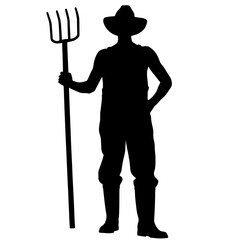 Silhouette of a Farmer Wearing a Hat and Holding a Pitchfork, Standing with One Hand on Hip. Agriculture, Rural Life, Farming Industry, Traditional Labor, Agricultural Work, Countryside Living.Food Pr