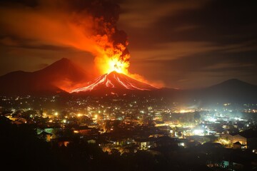 Fototapeta premium Erupting volcano with red glow, sending massive plumes into night sky, overlooking a town below