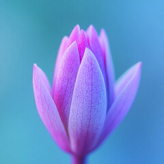 Fototapeta premium Close-up of a delicate purple flower bud with soft lighting and a dreamy blue background. The petals are gently closed, symbolizing purity and calmness.