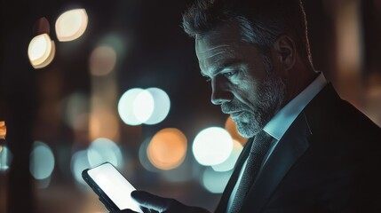 Urban Night: Man Checking Smartphone