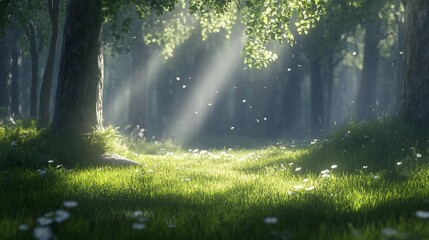 Obraz premium Enchanted Forest: Sunbeams Dance Through Lush Green Meadow and Ancient Trees