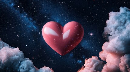 Obraz premium A glowing pink heart hovers amidst a starry night sky, surrounded by soft clouds, symbolizing love and dreams.
