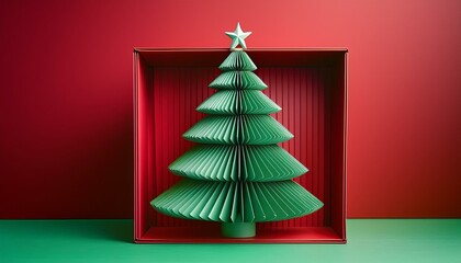 an elaborate paper christmas tree stands in a layered green and red box
