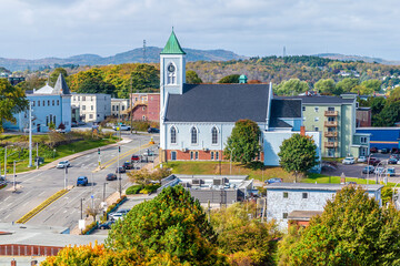An aerial view from Fort Howe towards Saint Lukes Anglican Church in Saint John, New Brunswick in the fall © Nicola