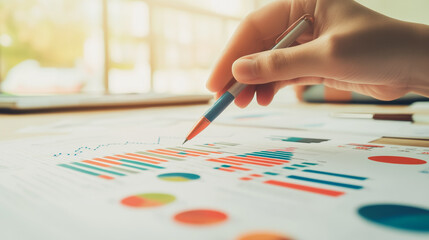 Professional business team working on a project together in the office Using innovation economic growth charts and network connections to accompany the data. in analyzing future trends
