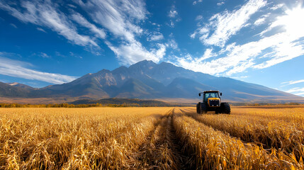 Fototapeta premium Tractor harvesting golden field, mountain backdrop, autumn