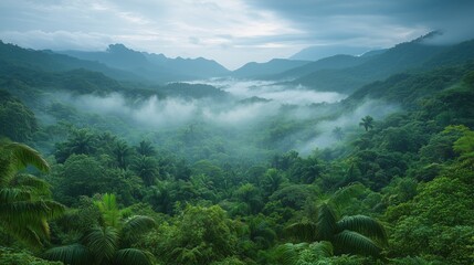 Lush tropical rainforest under a misty morning sky in a remote mountain region