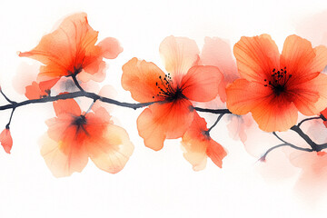 Watercolor painting of orange blossoms on a dark branch, softly blended with a white background.