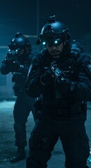Fototapeta premium Tactical team operators in night vision gear advancing during covert operation. Special forces soldiers with night vision goggles in dark urban environment