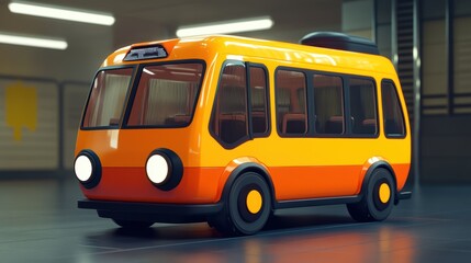 3D-rendered cartoon-style school bus parked inside a garage with a warm lighting effect.