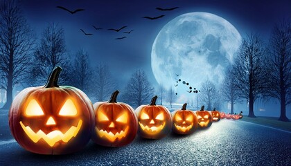 halloween sale promotion poster or banner a group of pumpkins is marching down a spooky moonlit street halloween party card horizontal layout halloween background