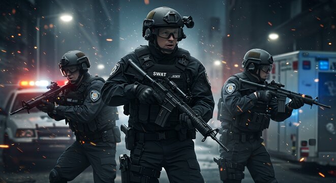 Swat team members in tactical gear during night operation. Armed police officers with rifles in urban setting. Law enforcement, emergency response concept