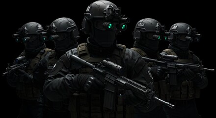 Swat team in tactical gear with night vision goggles. Armed special forces unit ready for night operations. Military anti-terrorism squad concept