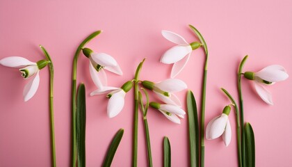 creative layout made with snowdrop flowers on pink background minimal nature love background spring flowers concept