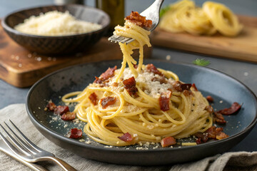 Delicious spaghetti carbonara with crispy bacon and parmesan cheese, served on a dark plate, garnished with herbs, showcasing a mouthwatering Italian dish.