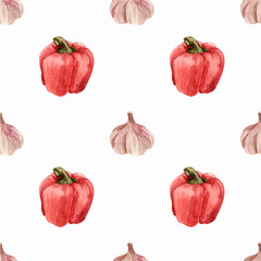 Watercolor bell pepper radish garlic illustration seamless pattern vegetables isolated on white red yellow orange set