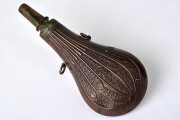 Antique copper gunpowder flask for rifles and arquebuses