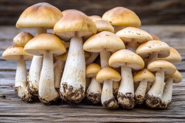 A diverse assortment of mushrooms is arranged on a rustic wooden table. The earthy colors of the mushrooms blend beautifully with the weathered wood, creating a harmonious natural display