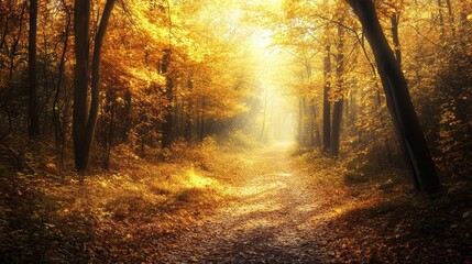 A sunlit autumn forest path with golden leaves covering the ground, illuminated by warm sunlight.