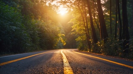 Fototapeta premium A winding road leads through a vibrant forest, illuminated by the golden light of sunset.