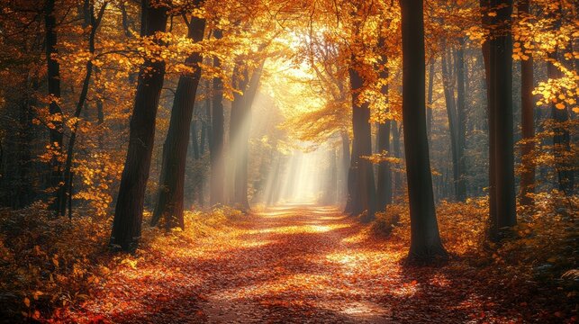 A peaceful autumn pathway surrounded by golden trees with warm sunlight filtering through the branches. - Powered by Adobe