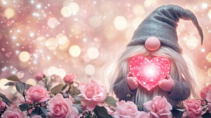 A romantic gnome figure holding a glowing heart, surrounded by pink roses and sparkling lights.