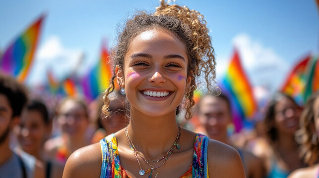 Joyful individuals celebrating diversity outdoors with vibrant rainbow flags sunny day, highlighting lgbt unity