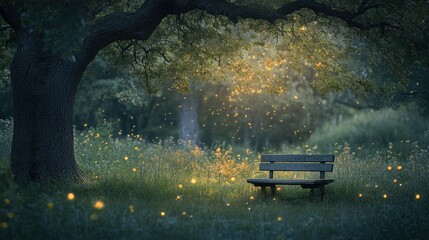 A wooden park bench under a large tree, illuminated by golden magical fireflies.