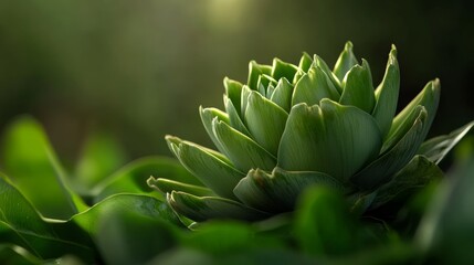 Fototapeta premium Artichoke plants thriving in a lush green garden during golden hour light creating a serene and natural atmosphere
