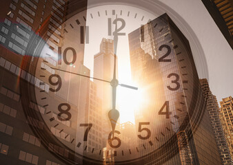 Clock on New York City background, time business management concept 