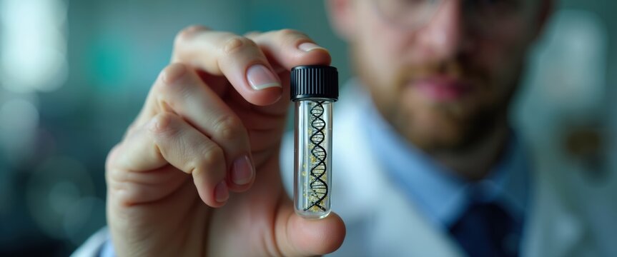 Scientist holding DNA sample in laboratory, genetics research and biotechnology concept