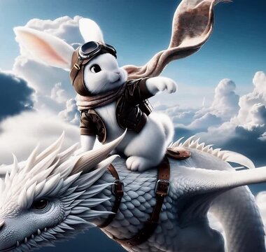 A whimsical white rabbit pilot  wearing goggles and scarf  sits atop a majestic white dragon  soaring through the clouds.
