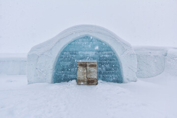 The entrance of the Ice Hotel in the north of Sweden in Kiruna