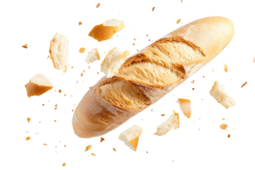 a baguette bread flying in the air with broken pieces isolated on a transparent background