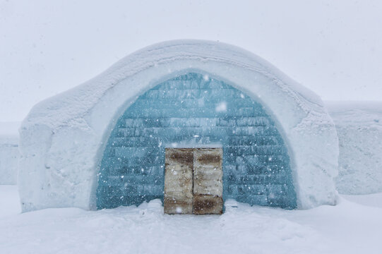 The entrance of the Ice Hotel in the north of Sweden in Kiruna